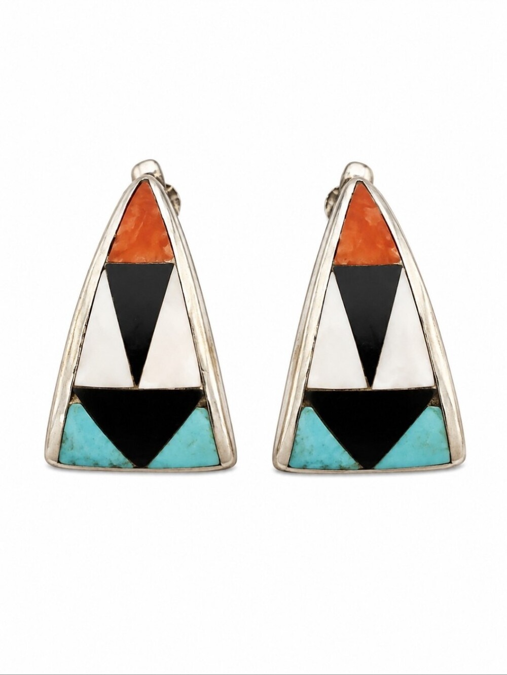 ZME Artisan Native American Zuni Geometric Multicolor Inlay Earrings
